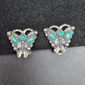 Sancrest Butterfly Clip On Earrings Silver Tone Blue Howlite Vintage Jewelry
